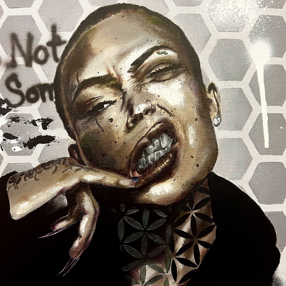 "Estos Dientes" Painting of Latine Person with Metal Teeth